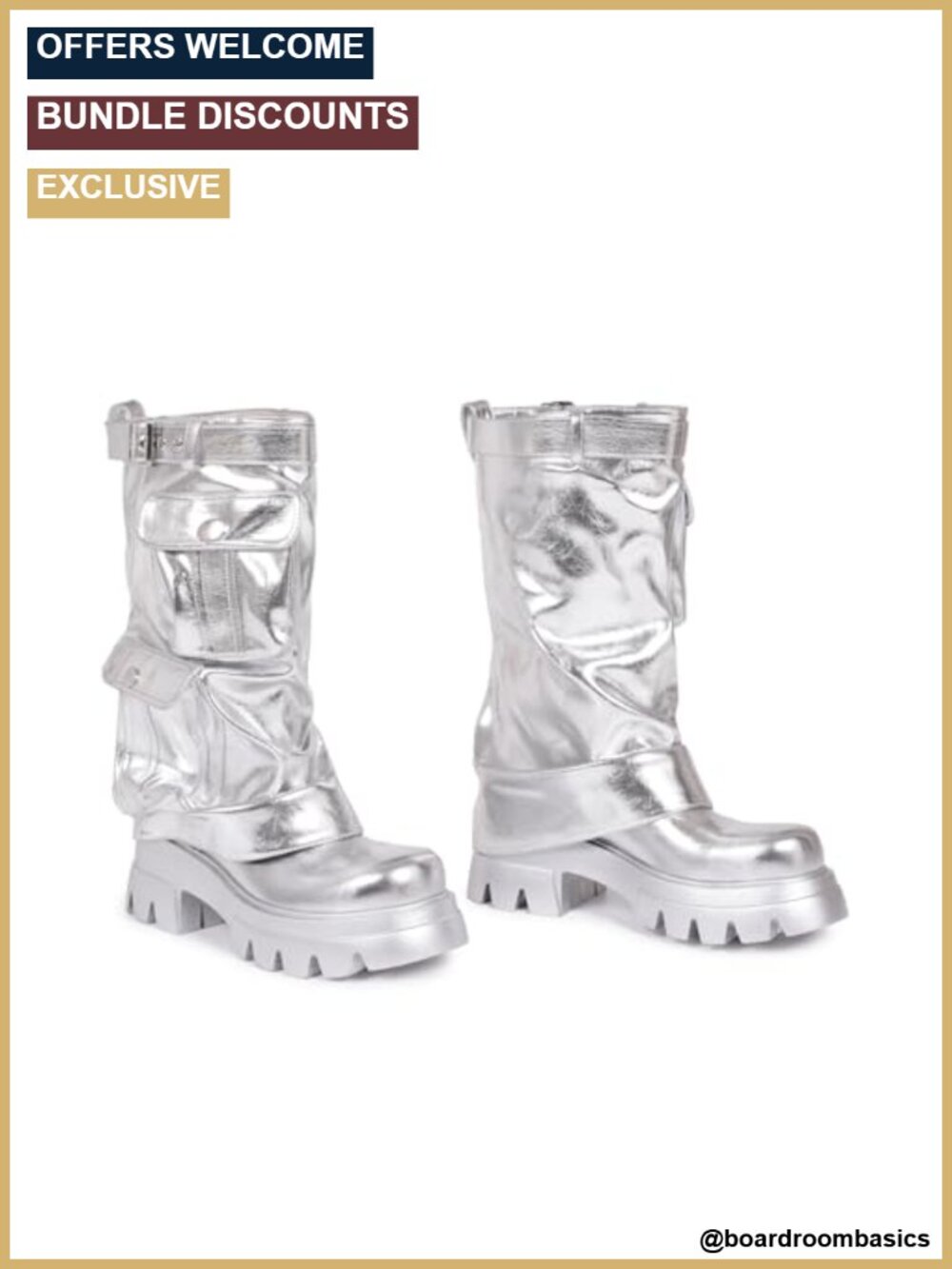 Metallic Silver Faux Leather Cargo Pocket Platform Boots